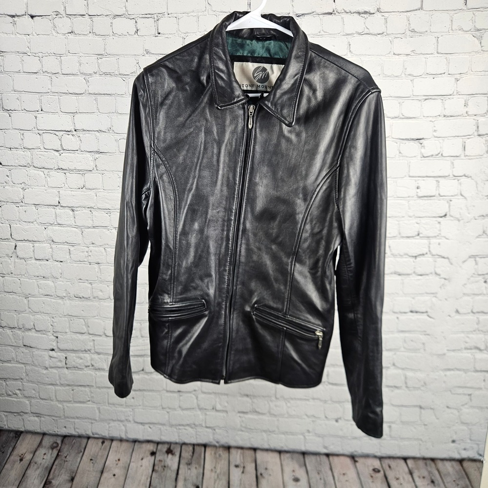 Stone Mountain Black Genuine Leather Jacket Zip Front Green Lining Womens Small